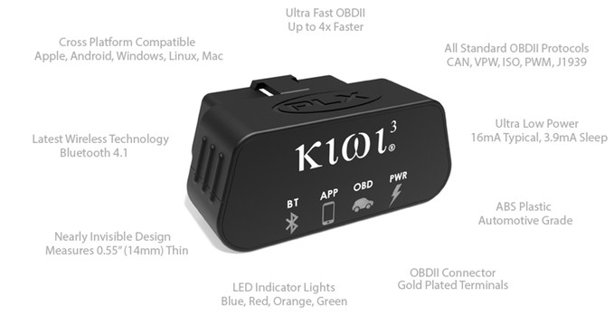 Kiwi 3 OBD2 adapter showcasing its compact design and Bluetooth connectivity