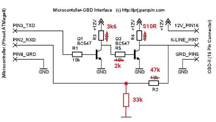 Circuit diagram for K Line OBD2 interface using Arduino