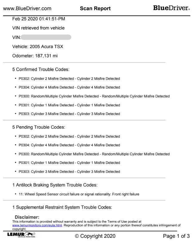 BlueDriver scan tool plugged into OBD2 port