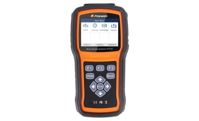 Foxwell NT530 automotive diagnostic scanner with color display showing vehicle data, ideal for Jeep OBD2 diagnostics