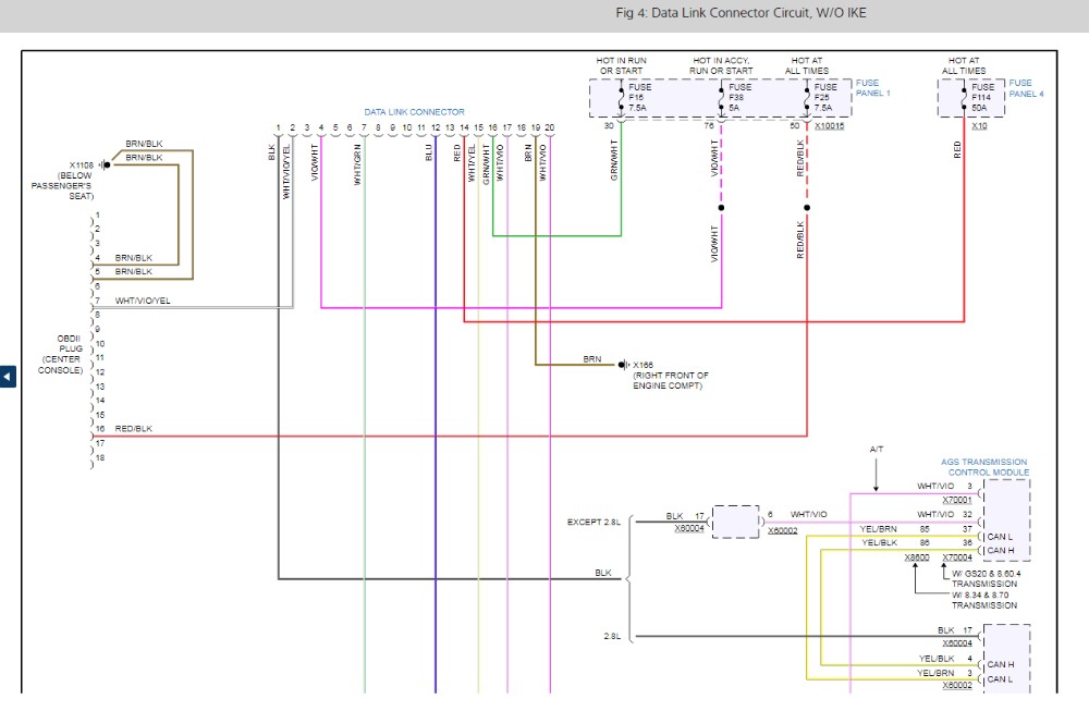 E39 BMW 528i diagnostic connector wiring diagram showing OBDII and 20-pin data link connections to the DME, IKE, and other modules.