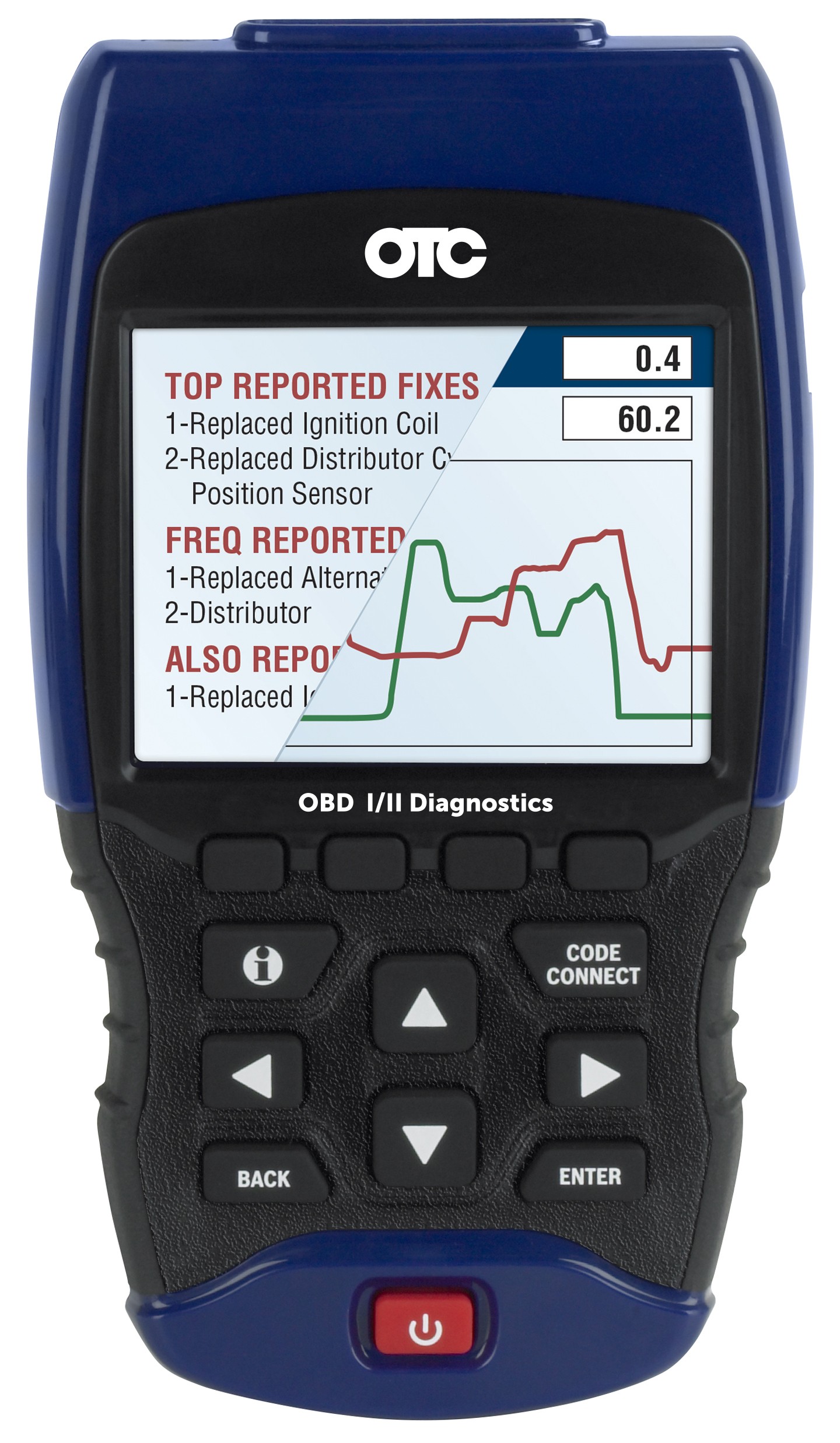 Image of the OTC 3211 OBD I & II Scan Tool showcasing its handheld design and screen displaying diagnostic data