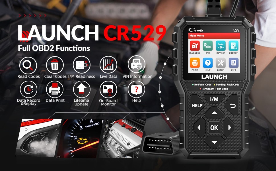 Image of LAUNCH CR529 Code Reader features, displaying various functions on screen