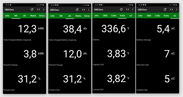 OBDZero Ah screen displaying battery capacity and charge