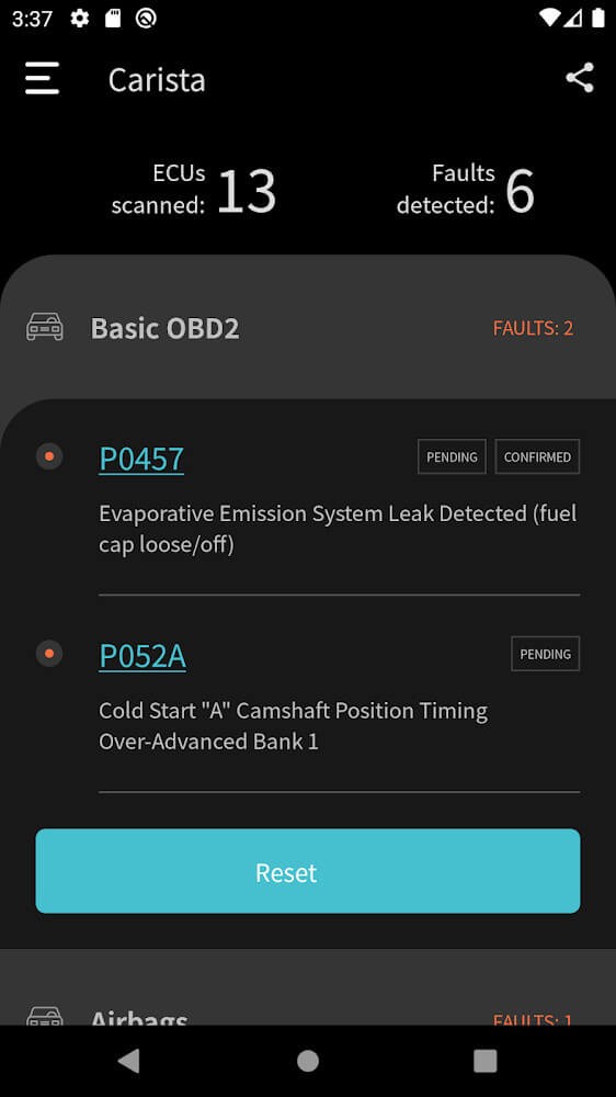 Carista OBD2 Error Code Reading