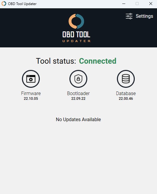 OBD2 Scanner Update Interface Showing 'No Updates Available' Message