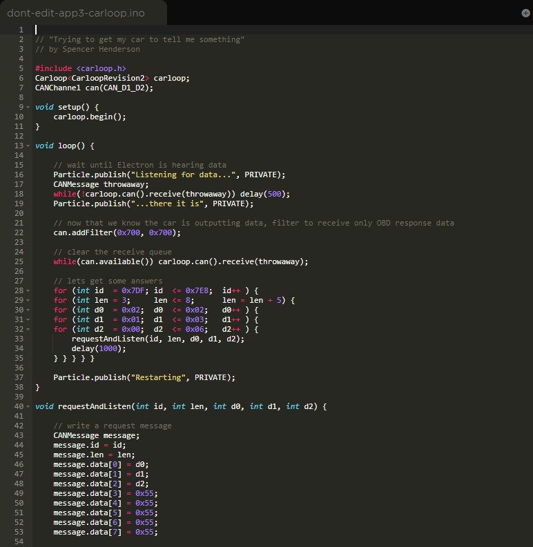 Code snippet demonstrating OBD2 CANbus data retrieval using Carloop library, essential for obd2 wiki understanding.