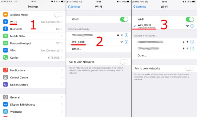 Connecting ELM OBD2 Wifi Adapter: Step 1 - Open your phone's Wi-Fi settings and connect to the OBDII network, as shown on both iOS and Android devices.