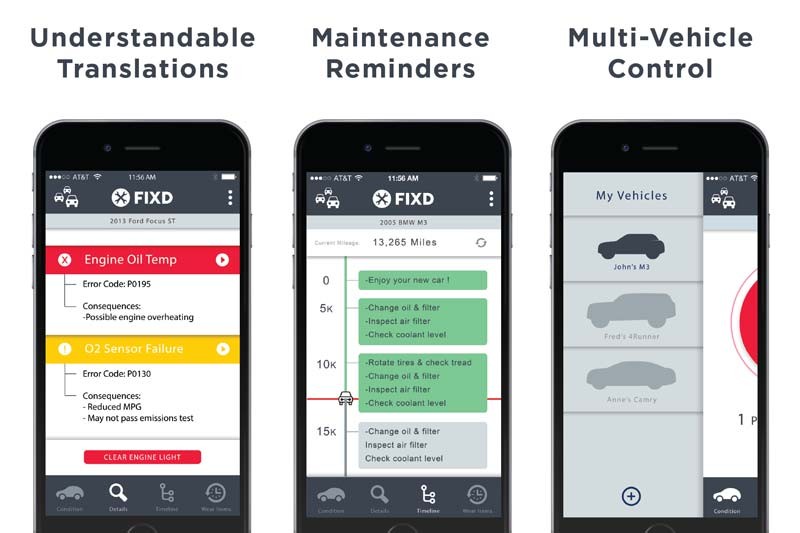 Screenshot of the FIXD mobile app interface displaying vehicle information and diagnostic data.