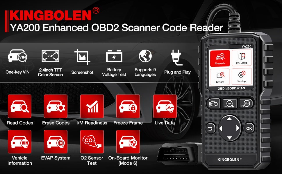 KINGBOLEN YA200 OBD2 scanner displaying comprehensive diagnostic functions. An automotive scanner tool for reading and clearing car fault codes.