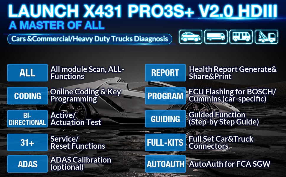 LAUNCH X431 PRO3S+ Bi-Directional Control and ECU Coding for 24V OBD2 Scanner