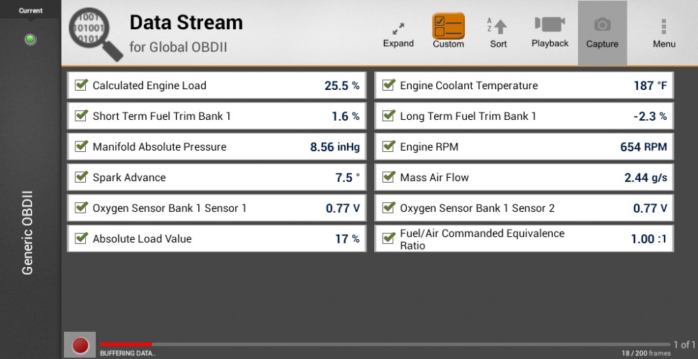 Data capture from Mazda 3 showing Calculated and Absolute Load at idle