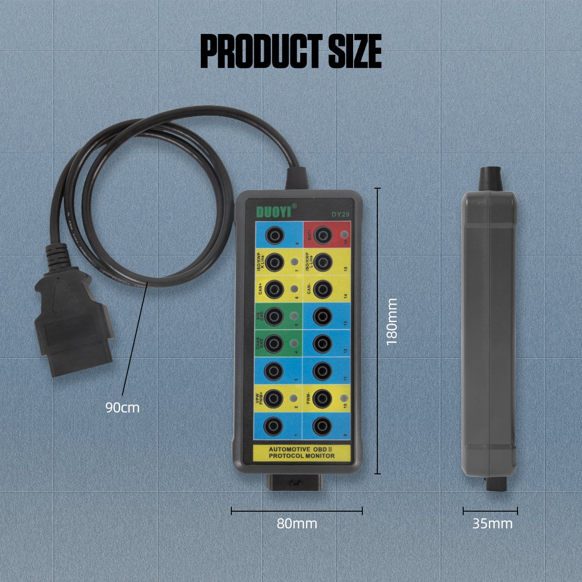 DY29 OBD2 Breakout Box Tester providing direct pin access for automotive diagnostics