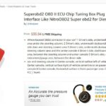 SuperOBD2 OBDII chiptuning box product listing on Amazon showing advertised features and price.