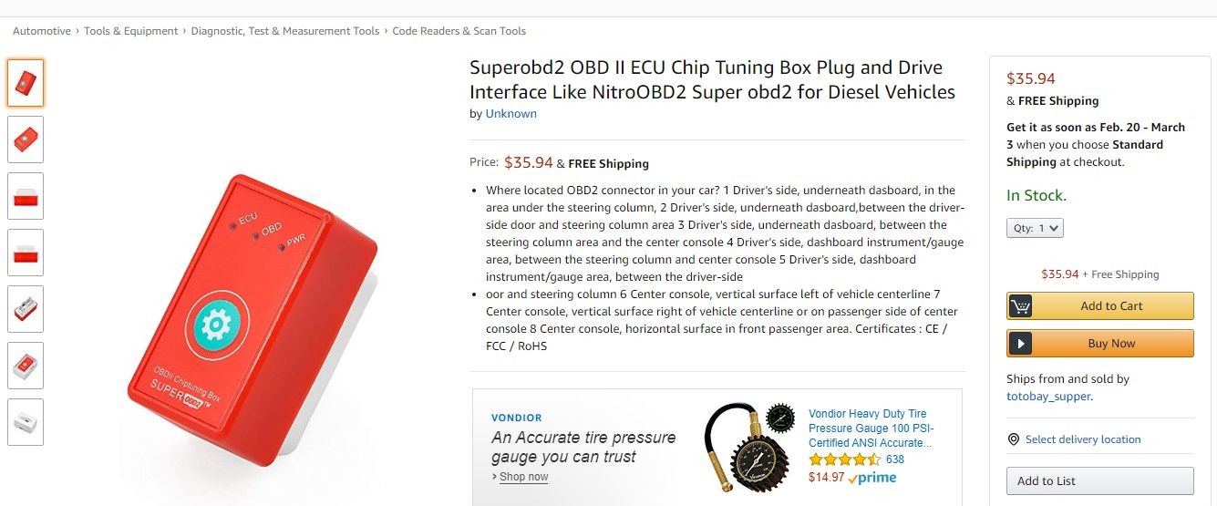 SuperOBD2 OBDII chiptuning box product listing on Amazon showing advertised features and price.