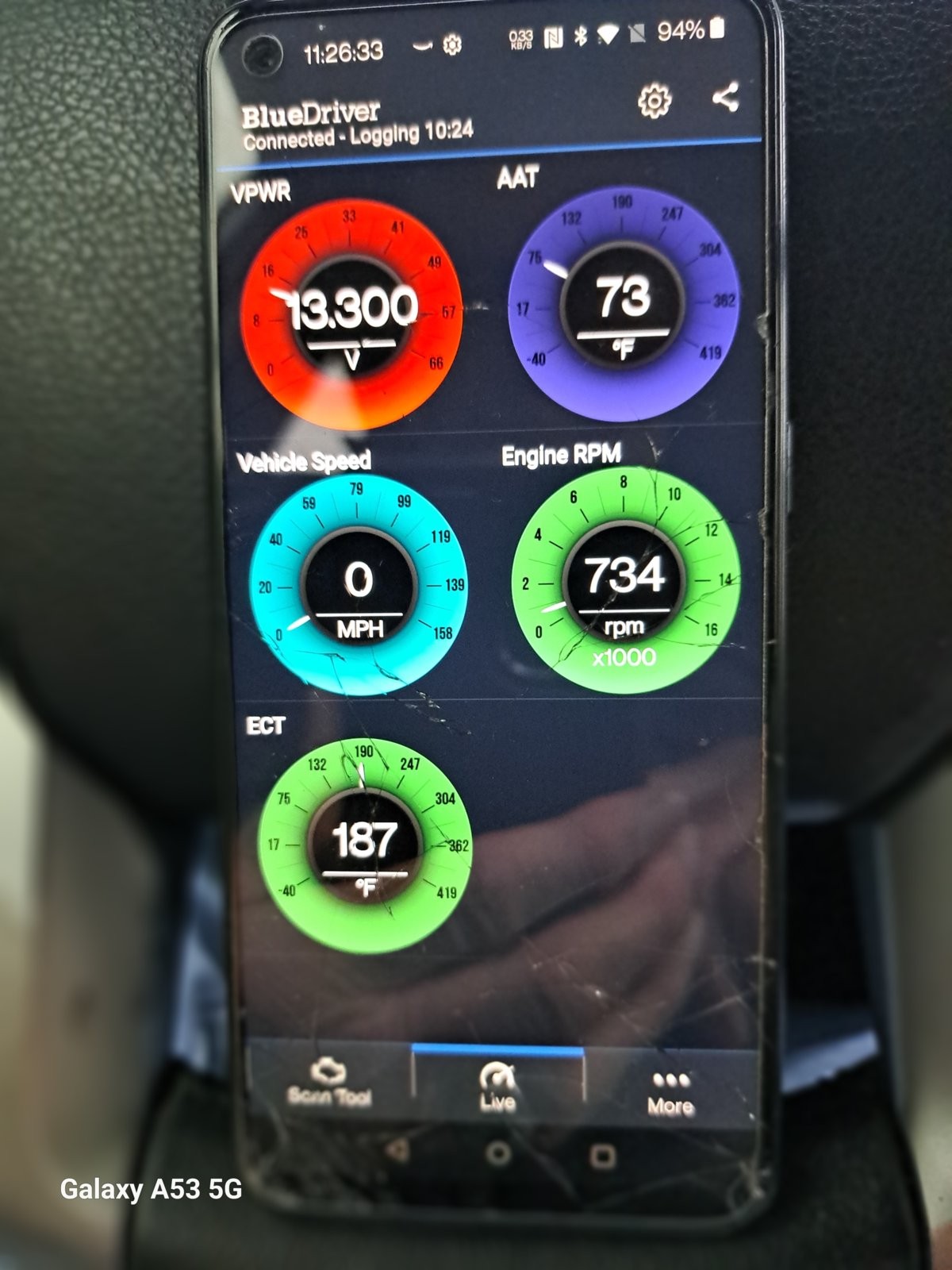 BlueDriver OBD2 app interface displaying live vehicle data gauges for a Subaru, including coolant temperature (ECT), RPM, speed, ambient air temperature (AAT), and voltage (VPWR), showcasing real-time engine monitoring capabilities for Subaru vehicles.