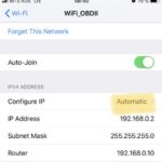 iPhone Wi-Fi settings showing manual IP configuration for OBD2 Wi-Fi network, highlighting IP Address, Subnet Mask, and Router fields.