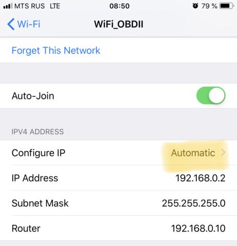 iPhone Wi-Fi settings showing manual IP configuration for OBD2 Wi-Fi network, highlighting IP Address, Subnet Mask, and Router fields.